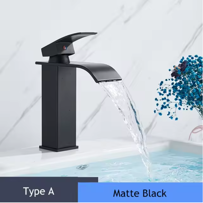 Enkele Handgreep Waterval Wastafelkraan – Mat Zwart, Warm en Koud