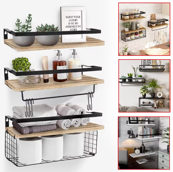 Zwevende Badkamerplank met Draadmand – Multifunctionele Wandplank voor Badkamer en Keuken