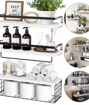 Zwevende Badkamerplank met Draadmand – Multifunctionele Wandplank voor Badkamer en Keuken