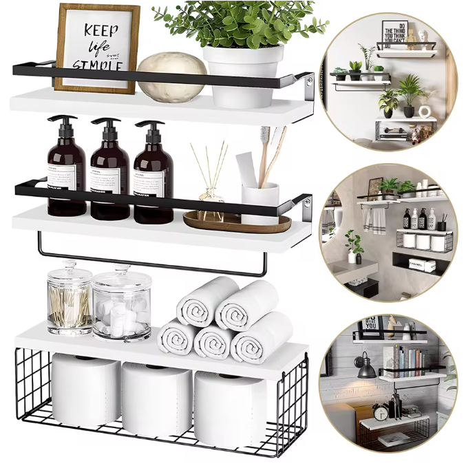 Zwevende Badkamerplank met Draadmand – Multifunctionele Wandplank voor Badkamer en Keuken