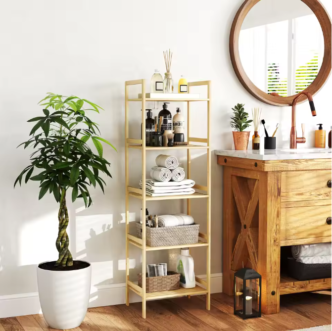 5-Laags Bamboe Badkamerrek – Vrijstaand Opbergrek met Verstelbare Planken