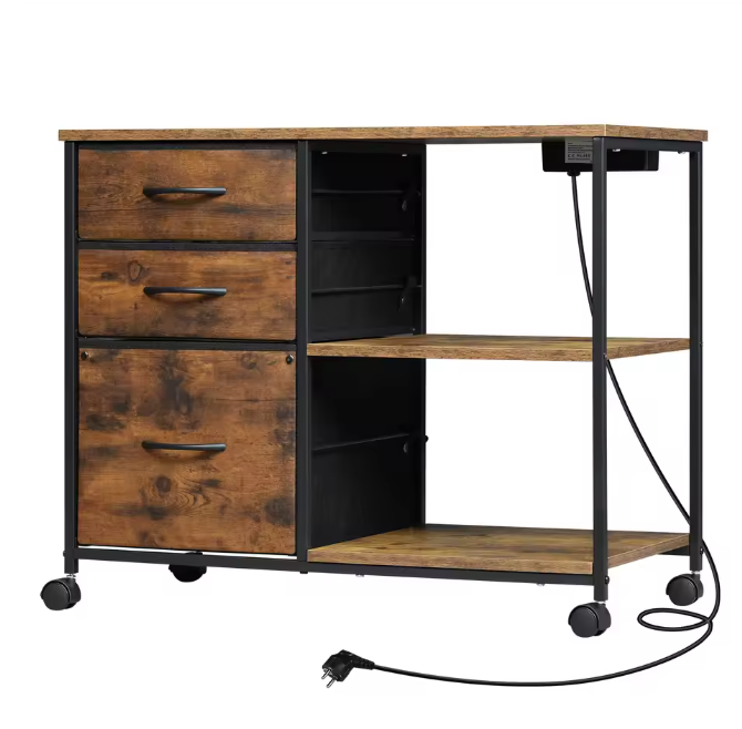 Archiefkast met Laadstation en Wielen – Printertafel met 3 Laden