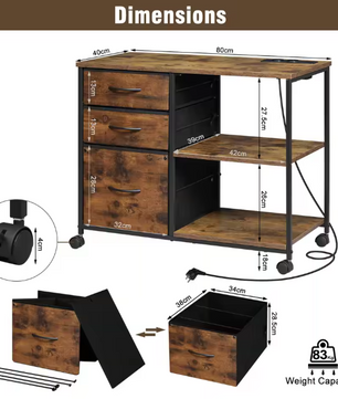 Archiefkast met Laadstation en Wielen – Printertafel met 3 Laden
