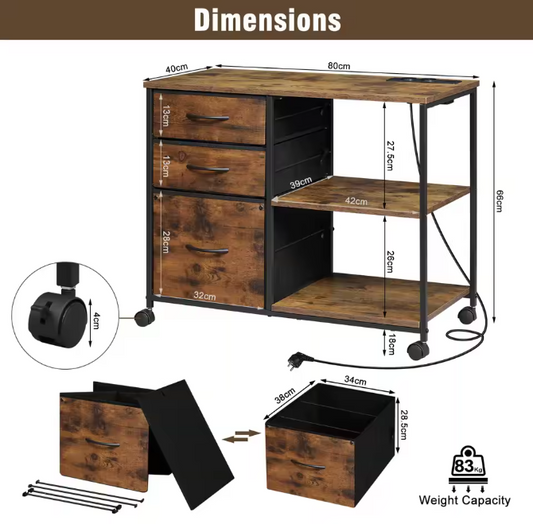 Archiefkast met Laadstation en Wielen – Printertafel met 3 Laden