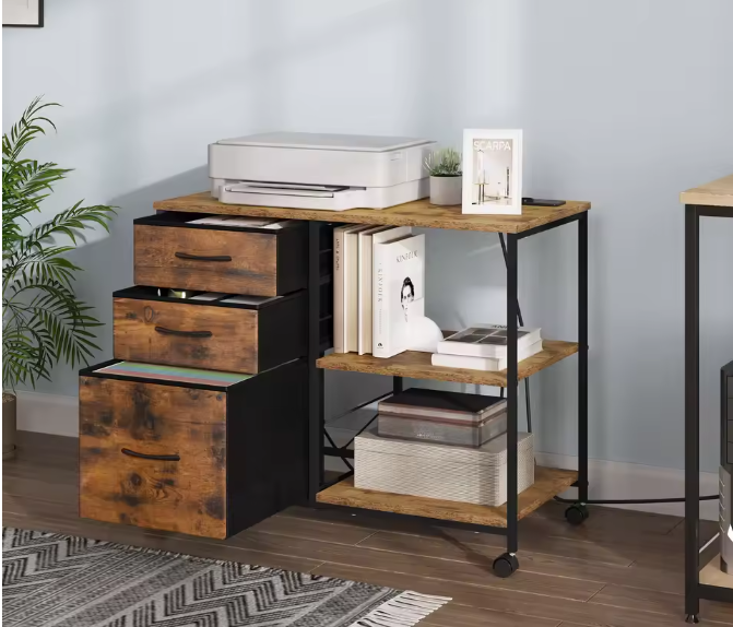 Archiefkast met Laadstation en Wielen – Printertafel met 3 Laden