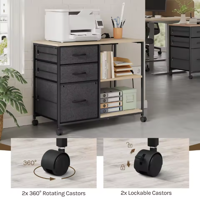 Archiefkast met Laadstation en Wielen – Printertafel met 3 Laden