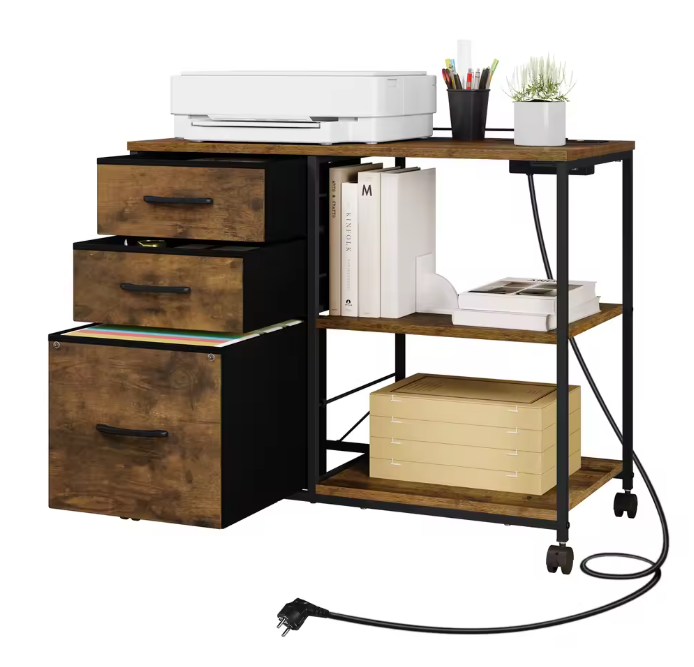 Archiefkast met Laadstation en Wielen – Printertafel met 3 Laden