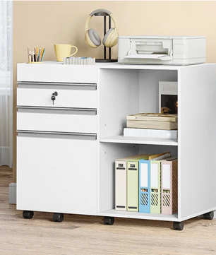 Witte Rolcontainer met Slot en 3 Laden – Kantoorkast met Open Vakken