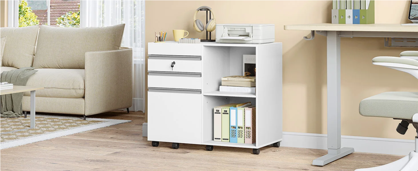 Witte Rolcontainer met Slot en 3 Laden – Kantoorkast met Open Vakken