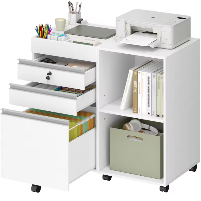 Witte Rolcontainer met Slot en 3 Laden – Kantoorkast met Open Vakken