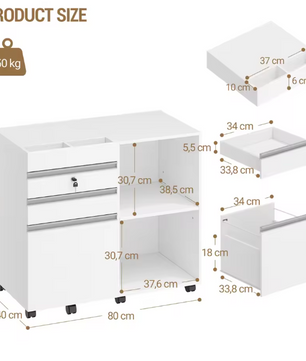 Witte Rolcontainer met Slot en 3 Laden – Kantoorkast met Open Vakken