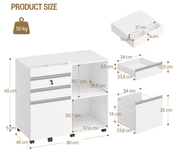 Witte Rolcontainer met Slot en 3 Laden – Kantoorkast met Open Vakken