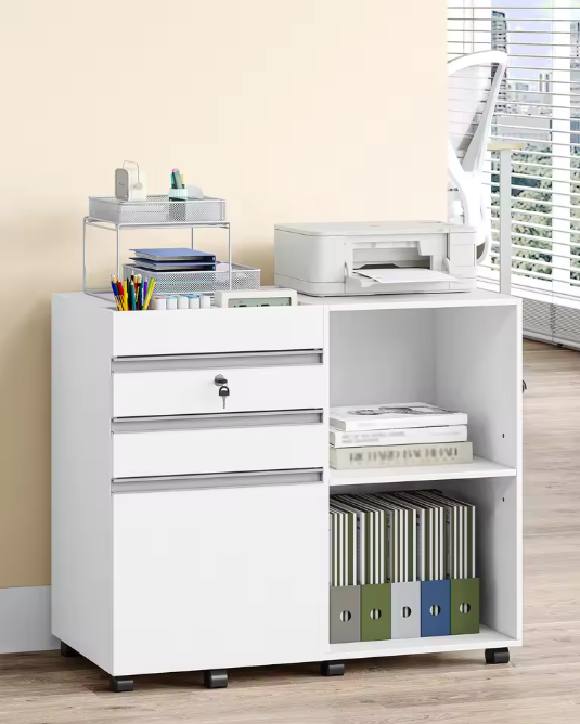 Witte Rolcontainer met Slot en 3 Laden – Kantoorkast met Open Vakken
