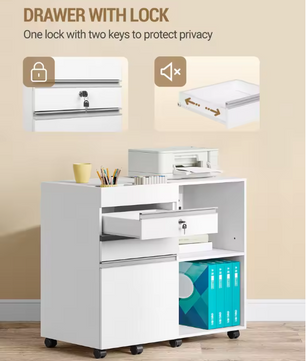 Witte Rolcontainer met Slot en 3 Laden – Kantoorkast met Open Vakken