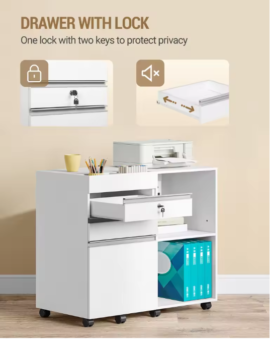Witte Rolcontainer met Slot en 3 Laden – Kantoorkast met Open Vakken