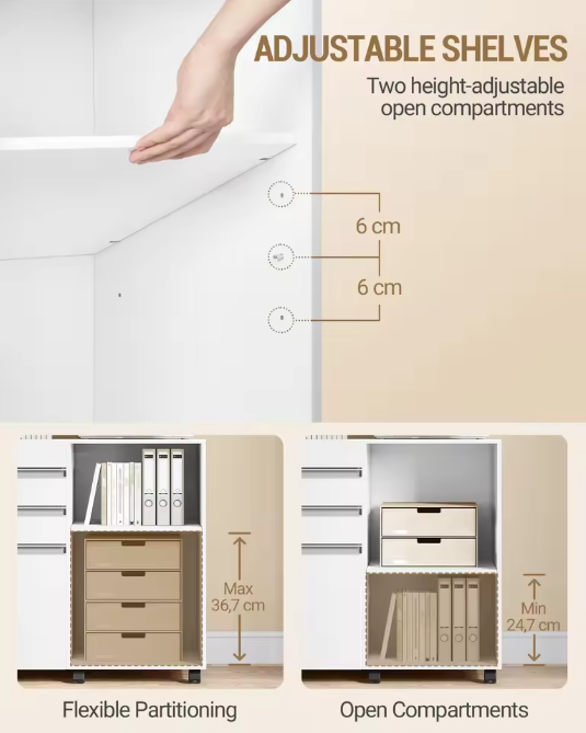Witte Rolcontainer met Slot en 3 Laden – Kantoorkast met Open Vakken