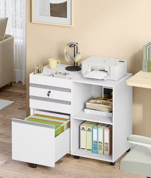 Witte Rolcontainer met Slot en 3 Laden – Kantoorkast met Open Vakken