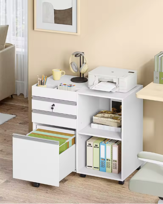 Witte Rolcontainer met Slot en 3 Laden – Kantoorkast met Open Vakken