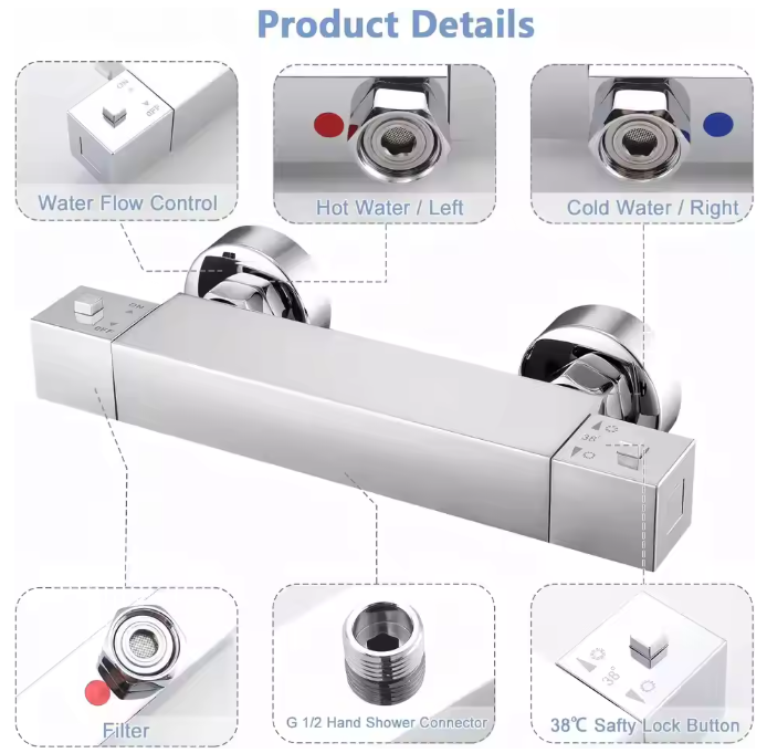 Thermostatische Douchekraan – 38°C Veiligheidsknop Messing Chroom