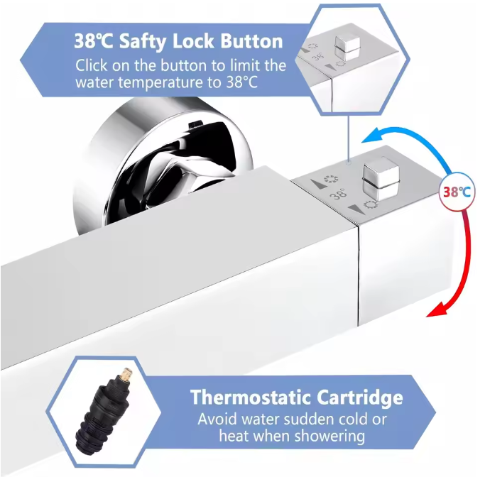 Thermostatische Douchekraan – 38°C Veiligheidsknop Messing Chroom