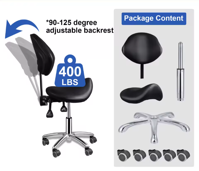 Ergonomische Rollende Zadelstoel met Rugleuning – In Hoogte Verstelbare Salonkruk met Wielen voor Kantoor, Kapper en Spa