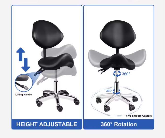 Ergonomische Rollende Zadelstoel met Rugleuning – In Hoogte Verstelbare Salonkruk met Wielen voor Kantoor, Kapper en Spa