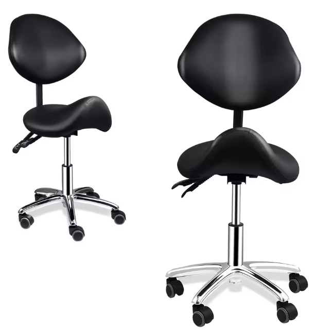 Ergonomische Rollende Zadelstoel met Rugleuning – In Hoogte Verstelbare Salonkruk met Wielen voor Kantoor, Kapper en Spa