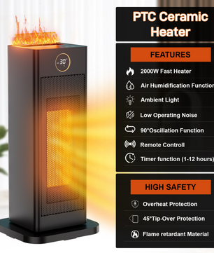 2000W Keramische Ventilatorkachel met Luchtbevochtiger en LED-Vlamlicht