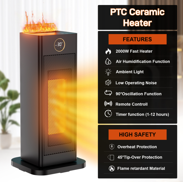 2000W Keramische Ventilatorkachel met Luchtbevochtiger en LED-Vlamlicht