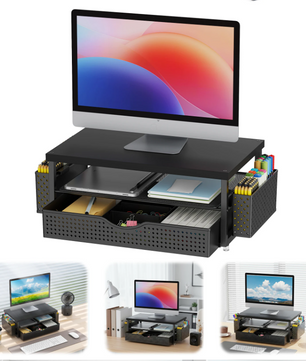 Computermonitor Standaard met Lade en Pennenhouders – 2-Niveaus Bureau Monitorverhoger Organizer