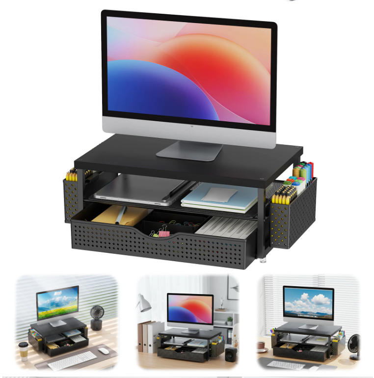 Computermonitor Standaard met Lade en Pennenhouders – 2-Niveaus Bureau Monitorverhoger Organizer