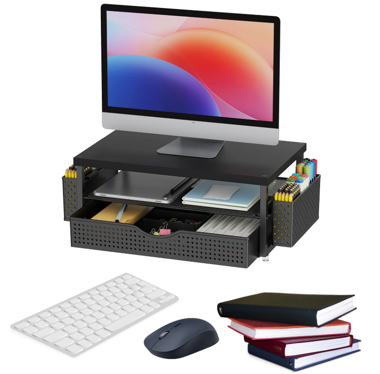 Computermonitor Standaard met Lade en Pennenhouders – 2-Niveaus Bureau Monitorverhoger Organizer