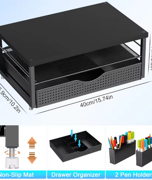 Computermonitor Standaard met Lade en Pennenhouders – 2-Niveaus Bureau Monitorverhoger Organizer