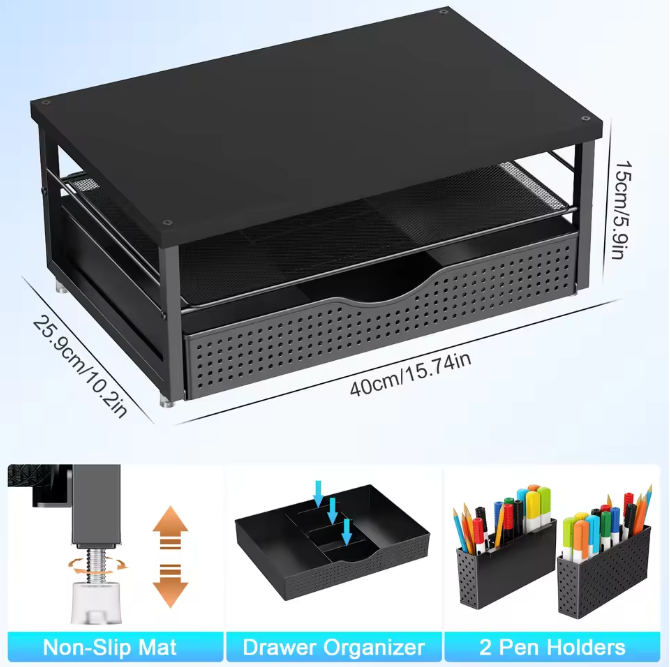 Computermonitor Standaard met Lade en Pennenhouders – 2-Niveaus Bureau Monitorverhoger Organizer