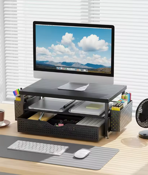 Computermonitor Standaard met Lade en Pennenhouders – 2-Niveaus Bureau Monitorverhoger Organizer