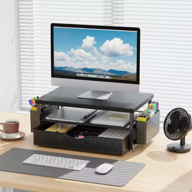 Computermonitor Standaard met Lade en Pennenhouders – 2-Niveaus Bureau Monitorverhoger Organizer