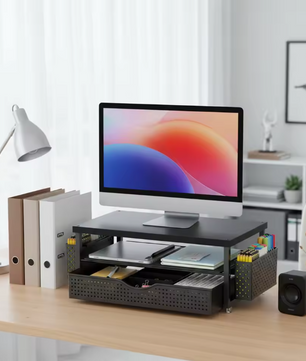Computermonitor Standaard met Lade en Pennenhouders – 2-Niveaus Bureau Monitorverhoger Organizer