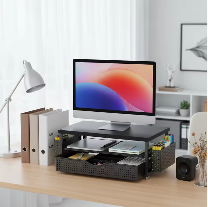 Computermonitor Standaard met Lade en Pennenhouders – 2-Niveaus Bureau Monitorverhoger Organizer