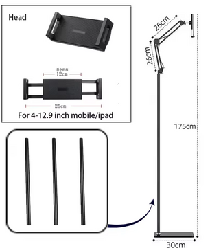 Schaalbare Tablet en Telefoon Vloerstandaard – 360° Draaibare Verstelbare Arm Houder voor 4-12,9 Inch Apparaten