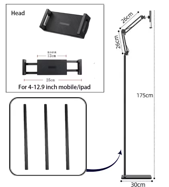Schaalbare Tablet en Telefoon Vloerstandaard – 360° Draaibare Verstelbare Arm Houder voor 4-12,9 Inch Apparaten