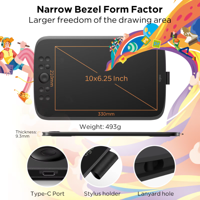 Grafische Tekentablet 10 Inch met 16K Drukniveaus, 8 Sneltoetsen en Scroll Wheel