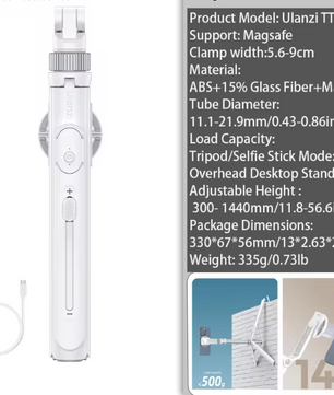 Overhead Selfie Stick en Telefoon Statief 1,44m – Bluetooth Remote