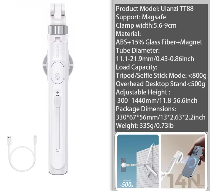 Overhead Selfie Stick en Telefoon Statief 1,44m – Bluetooth Remote