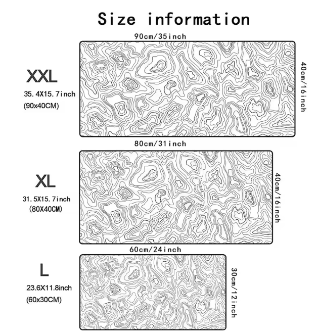 Zwart-witte Topografische Kaart Muismat XXL – Grote Gaming en Bureau Onderlegger met Antislip Rubberen Basis