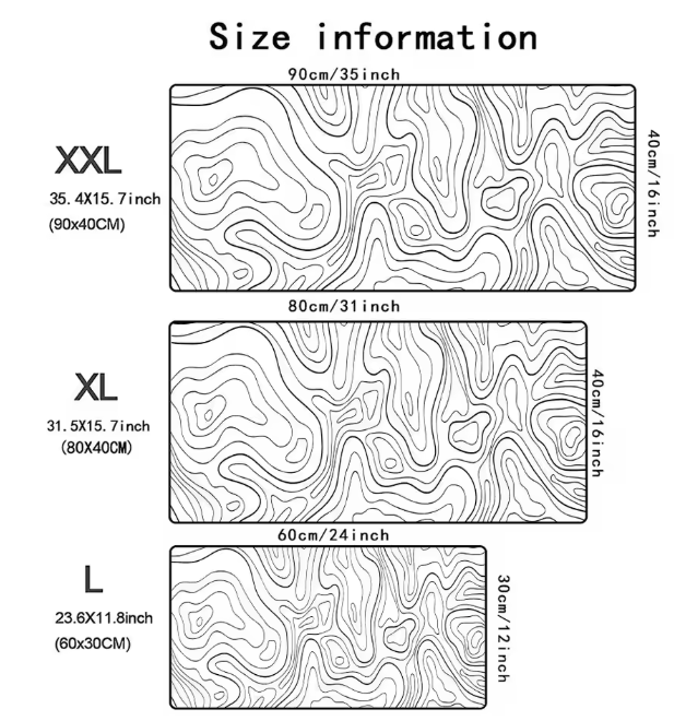 Zwart-witte Topografische Kaart Muismat XXL – Grote Gaming en Bureau Onderlegger met Antislip Rubberen Basis