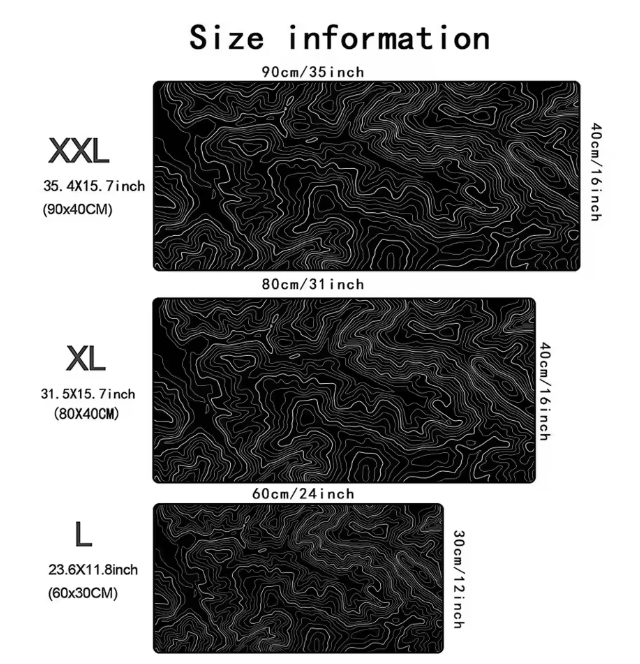 Zwart-witte Topografische Kaart Muismat XXL – Grote Gaming en Bureau Onderlegger met Antislip Rubberen Basis