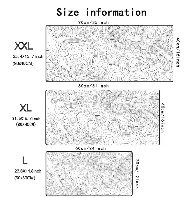 Zwart-witte Topografische Kaart Muismat XXL – Grote Gaming en Bureau Onderlegger met Antislip Rubberen Basis