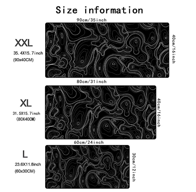 Zwart-witte Topografische Kaart Muismat XXL – Grote Gaming en Bureau Onderlegger met Antislip Rubberen Basis