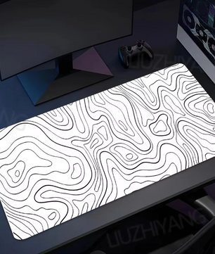 Zwart-witte Topografische Kaart Muismat XXL – Grote Gaming en Bureau Onderlegger met Antislip Rubberen Basis