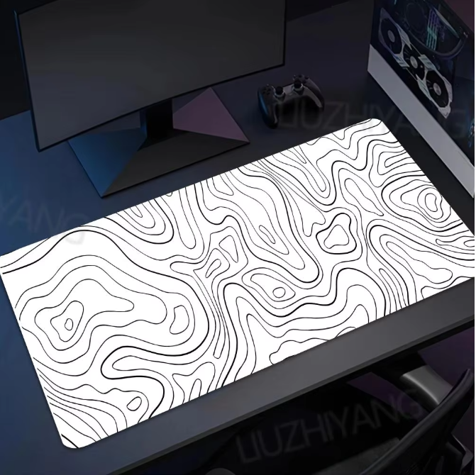 Zwart-witte Topografische Kaart Muismat XXL – Grote Gaming en Bureau Onderlegger met Antislip Rubberen Basis